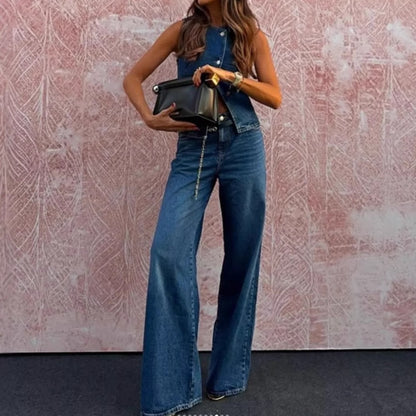 Total denim da donna senza maniche alla moda con gamba larga