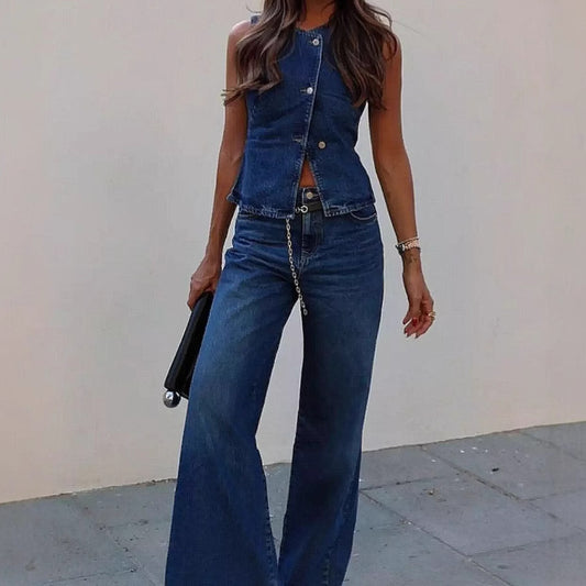 Total denim da donna senza maniche alla moda con gamba larga
