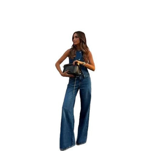 Total denim da donna senza maniche alla moda con gamba larga