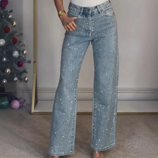 Jeans Vita Alta Gamba Larga con Brillantini