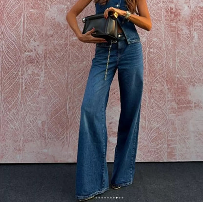 Total denim da donna senza maniche alla moda con gamba larga