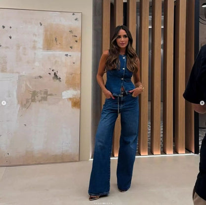 Total denim da donna senza maniche alla moda con gamba larga