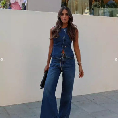 Total denim da donna senza maniche alla moda con gamba larga